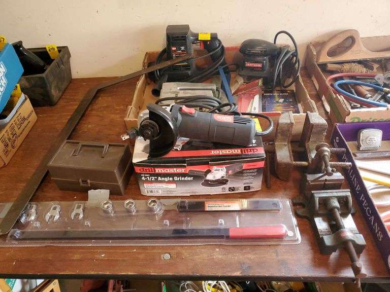 Angle grinder, serpentine belt tool kit, vises, reciprocating saw