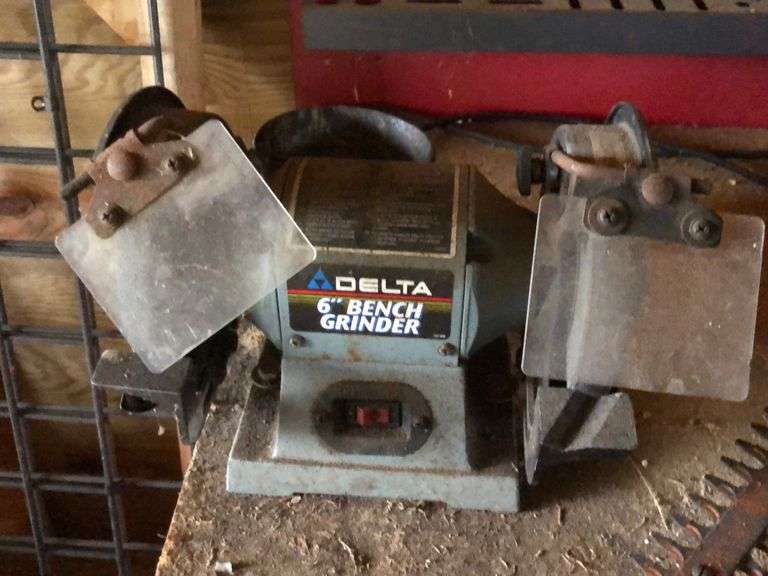 JCPenney 48x24 work bench with Delta 6” double arbor grinder and Babco