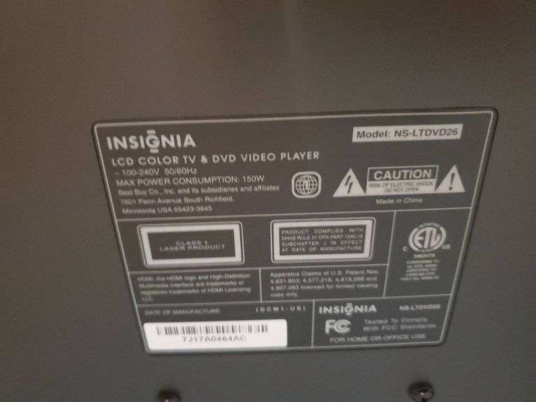 Insignia 26" LCD color TV & DVD video player, with remote. Model NS