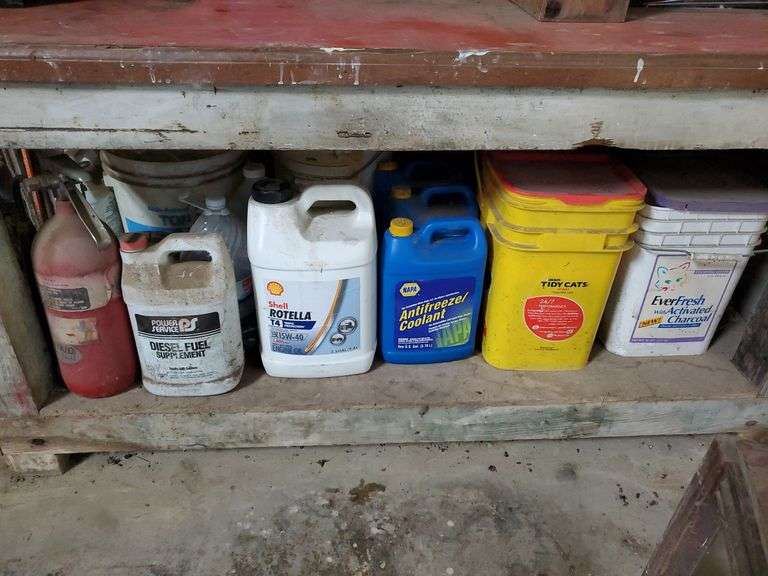 Fire extinguisher, diesel fuel supplement, engine oil, antifreeze, cat