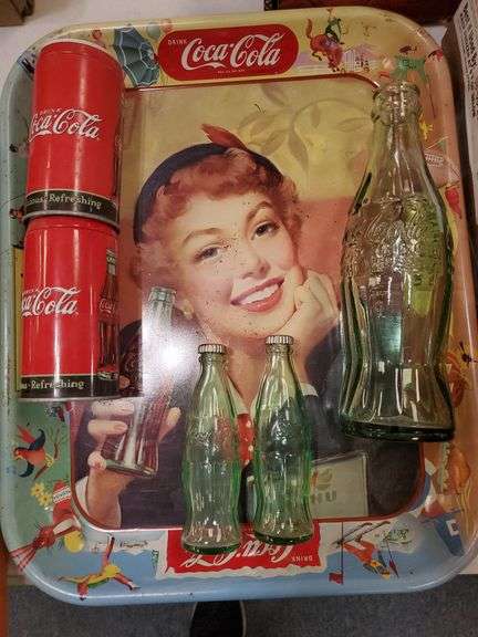 Coca-Cola serving tray, salt and pepper shakers and bottle