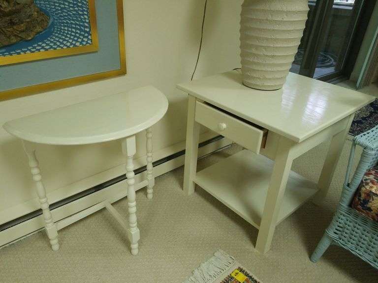 White painted oak end table with single drawer, matching half table. Both for your bid Bid