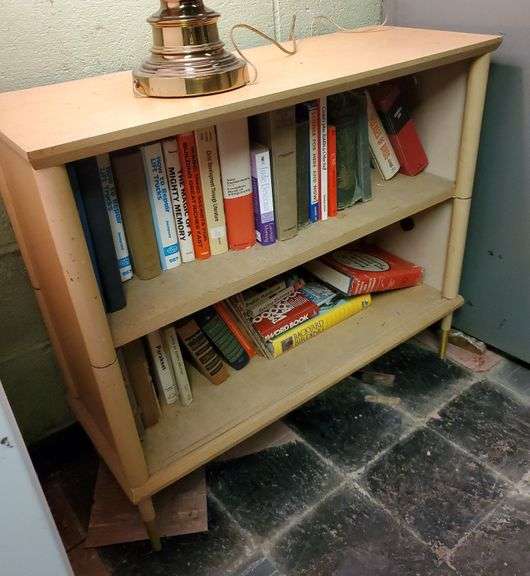 Midcentury blonde two shelf bookcase.. books including how to repair