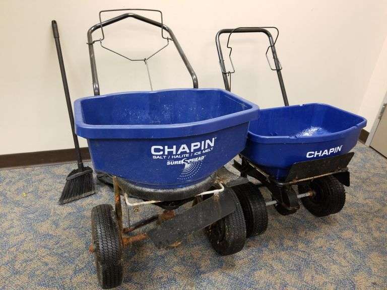 Pair Chapin sure spread broadcast salt spreaders with grates and pneumatic tires. Both for your