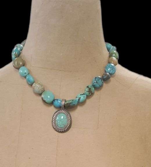 Turquoise beaded necklace with turquoise colored pendant stamp 925 CP