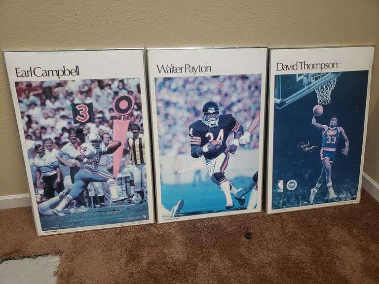 Framed sports posters 36x24. Including Earl Campbell, Walter Payton, David Thompson. X3 Bid