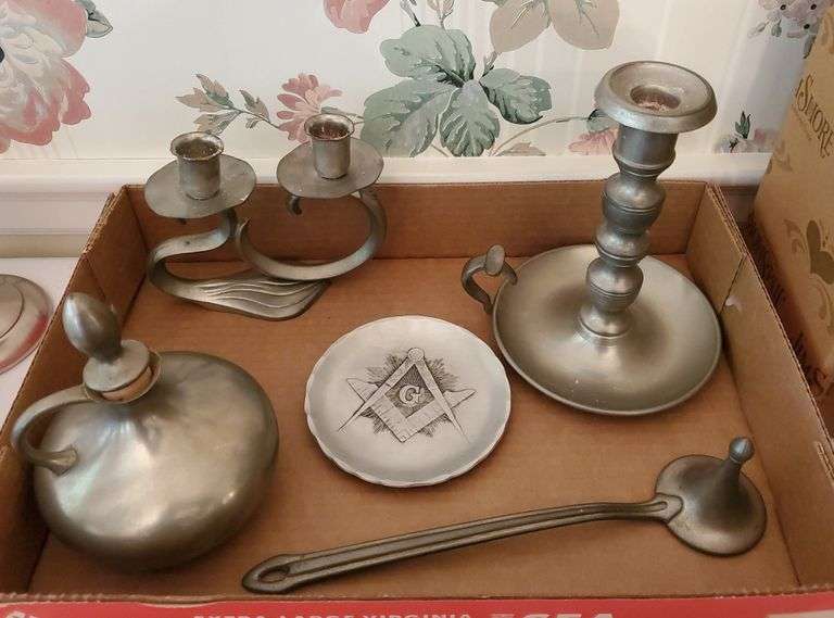 Lot of 5 Pewter pieces. Candle holders, candle snuffer, coaster and decanter. See photos. Bid