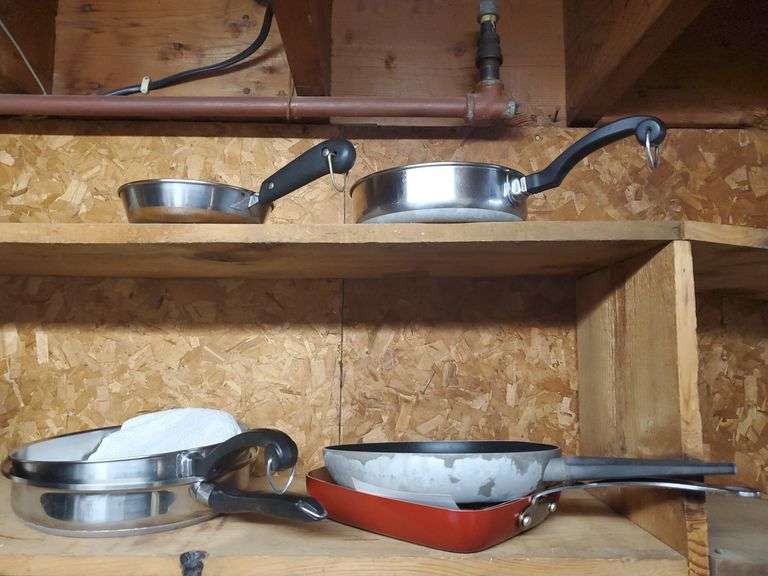Lot skillets including copper bottom Revereware, Whereever, Farberware