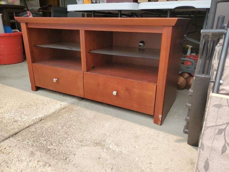 Solid wood glass top entertainment center with storage shelves and two