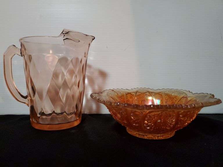 Pink diamond pattern depression glass pitcher and marigold star of