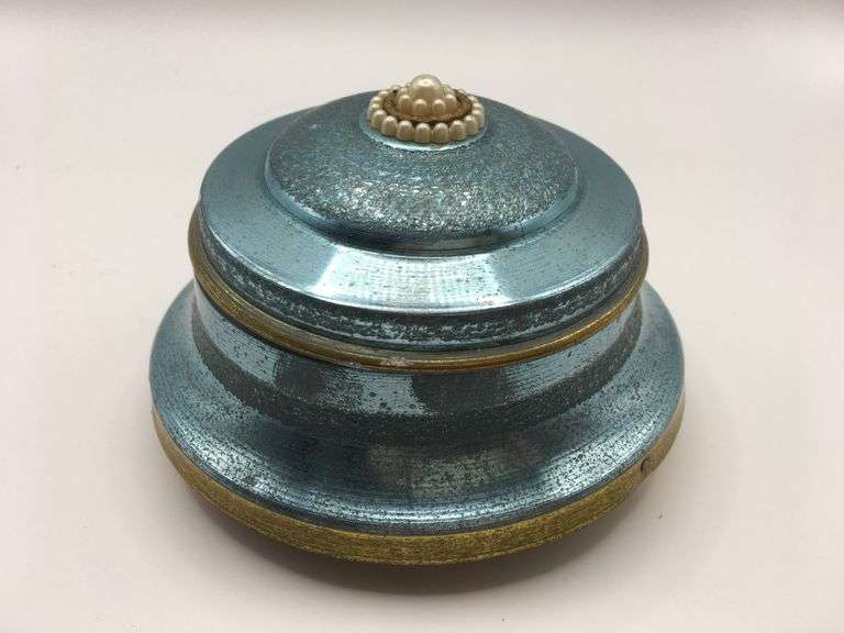 1940s Vintage Metal Powder Puff Music Box Beehive Shaped Vanity Dresser