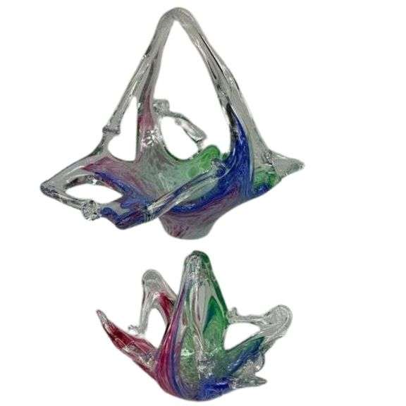 2 Art Glass Pulled Multicolor Baskets Bowls HandMade