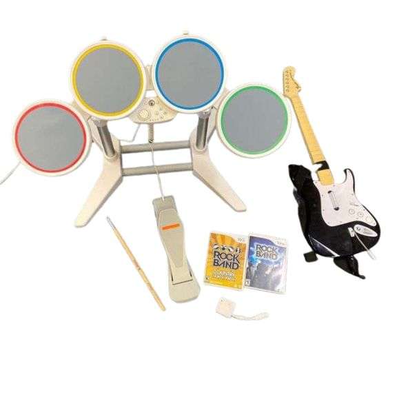 Wii Rock Band Drum Set with Bass Pedal & Stratocaster Guitar & Dongle