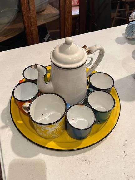 Enamelware tray, mugs, pot