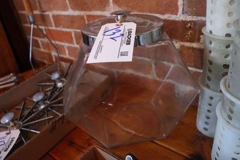 Large glass candy dish with stainless lid Backes Commercial Auctioneers