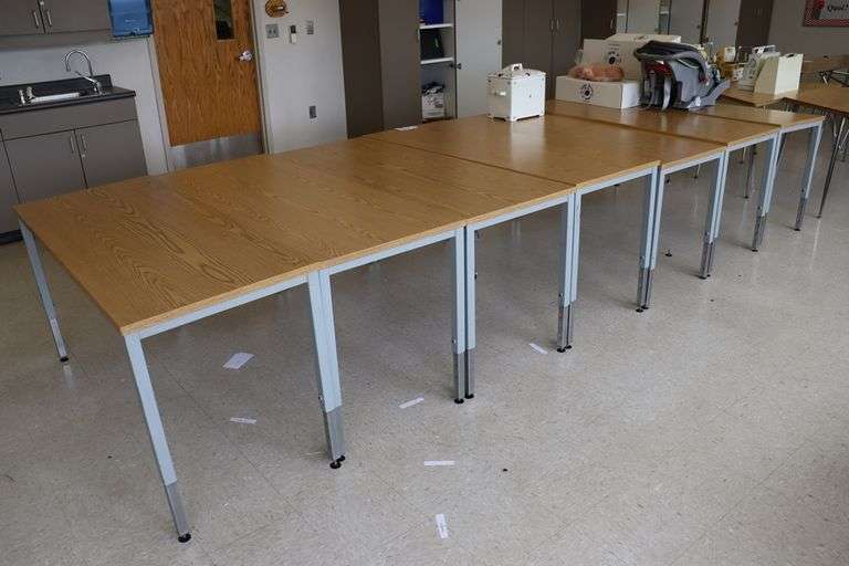 Times 7 24" x 60" x 30" tall metal framed wood laminate top tables