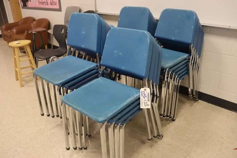 Times 22 chrome frame blue poly seat student chairs showing wear
