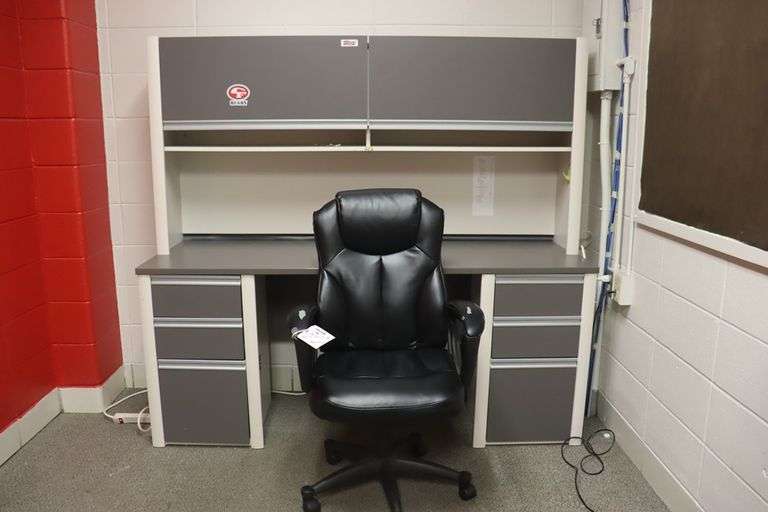 24" x 72" office desk with 72" 2 door over shelf & office chair showing