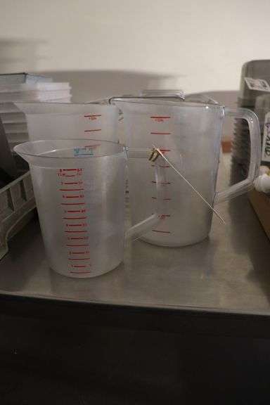 Times 3 - 2) 1 gallon & 1) 64 oz. acrylic measuring pitchers