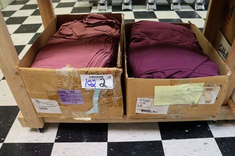2 boxes to go - crimson t shirts - 72)Large &maroon 26)Med, 34)Large