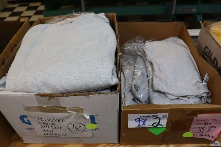 2 boxes to go - Ash crew necks 18)Mediums - Ash tshirts - 9)3XL, 3)4XL