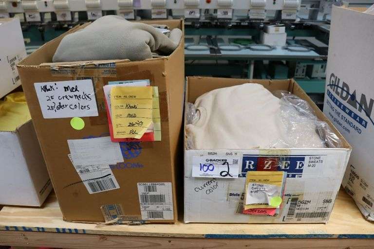 2 boxes to go - Khaki crewnecks 25)XL, 25) assorted colored crewnecks & 20)Med stone crews