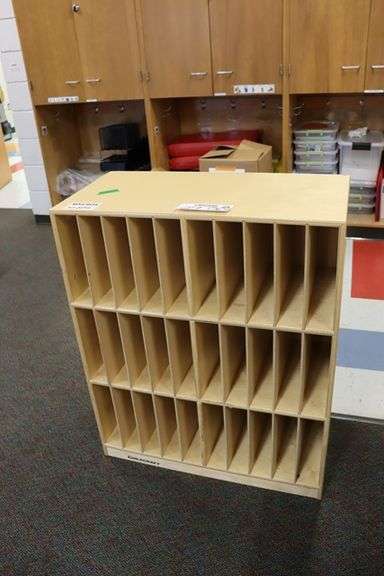 Childcraft 15" x 30" x 36" tall birch veneer natural wood tone 30 bin cabinet (slight damage to back of cabinet)