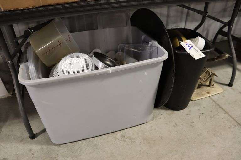 All to go - Pans, colanders, totes, & more under table