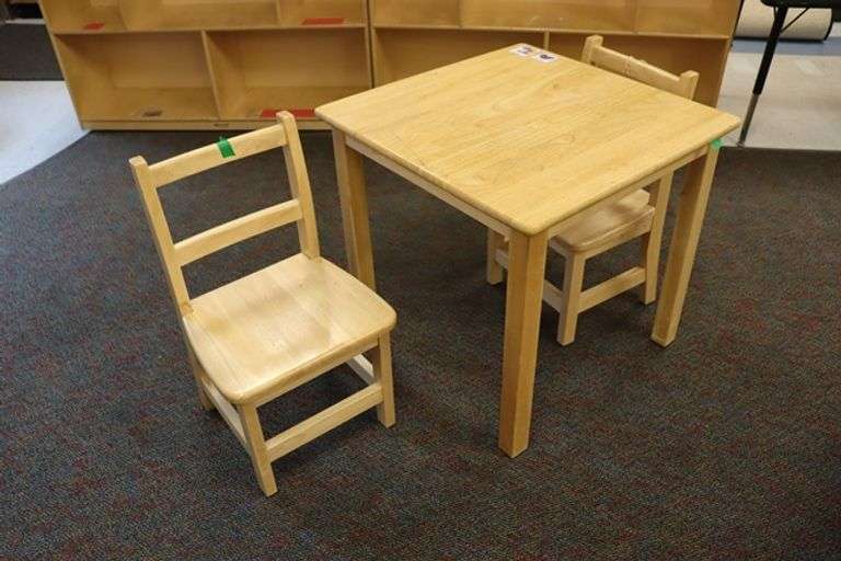 24" x 24" x 23" tall natural wood tone table with 2 matching chairs