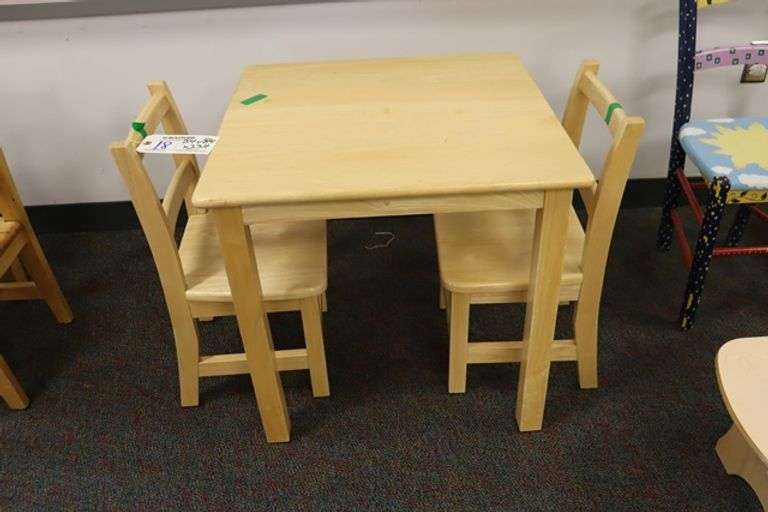 Childcraft 24" x 24" x 23" tall natural wood tone table with 2 matching chairs