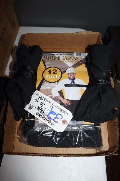 Box to go - new pack of 12 black aprons & two used aprons