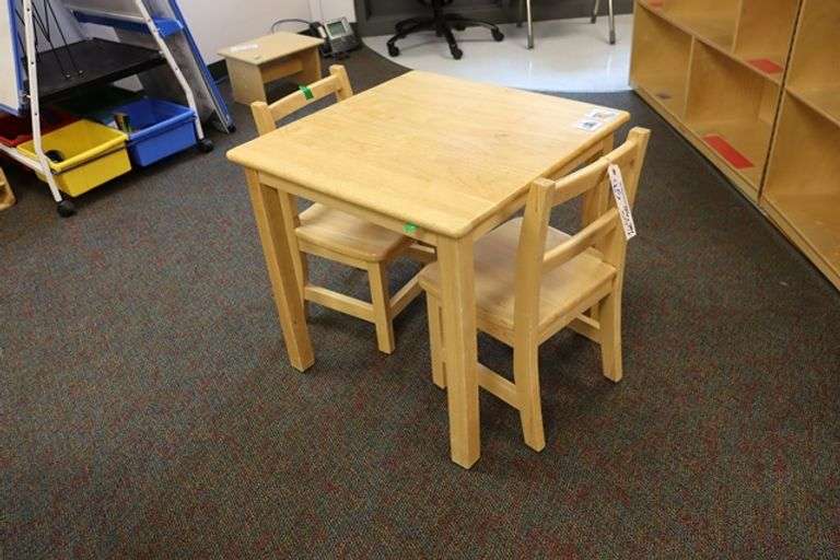 24" x 24" x 23" tall natural wood tone table with 2 matching chairs