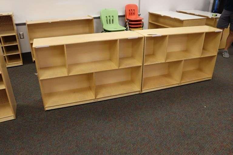 Childcraft 13" x 96" x 30" tall birch veneer natural wood tone folding portable cabinet