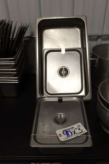 Times 3 - 1) 1/2 x 2" inset pan with 2 lids & 2) 12" x 20" x 2" & 4" stainless inset pan - no lids