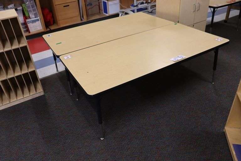 Times 2 - 30" x 60" blond adjustable height school tables M-U3060