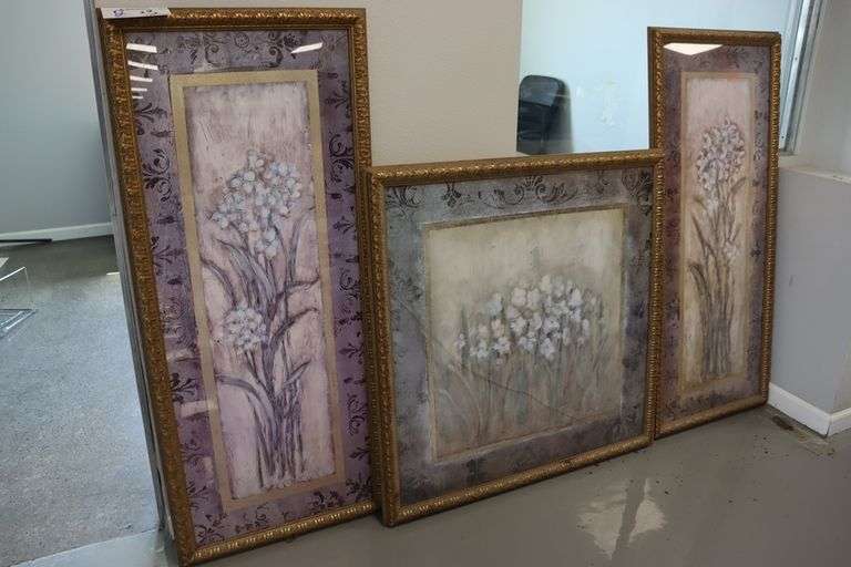 All to go - (2) 24" x 54" & (1) 39" x 39" framed wall prints - 39" one glass is cracked