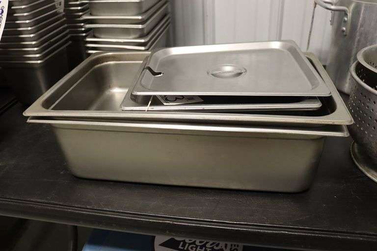 Times 3 - 1) 1/2 x 2" inset pan with 2 lids & 2) 12" x 20" x 2" & 4" stainless inset pan - no lids
