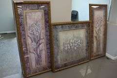 All to go - (2) 24" x 54" & (1) 39" x 39" framed wall prints - 39" one glass is cracked