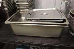 Times 3 - 1) 1/2 x 2" inset pan with 2 lids & 2) 12" x 20" x 2" & 4" stainless inset pan - no lids