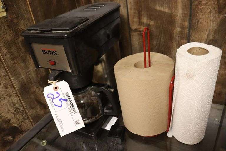 24" glass top table with coffee make & paper towels