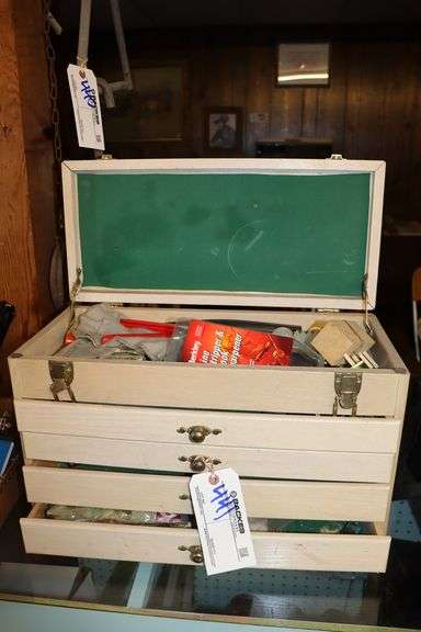 21" wood tool cabinet with assorted tools