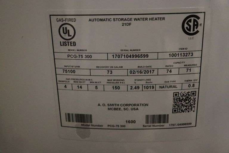 2017 AO Smith PCG-75 300 natural gas water heater