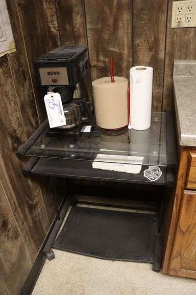 24" glass top table with coffee make & paper towels