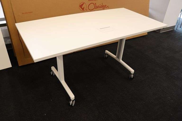 Times 4 - Senator Array 30" x 60" portable white laminate flip top tables with electrical plug ins - 1 power cord runs 4 stations in series
