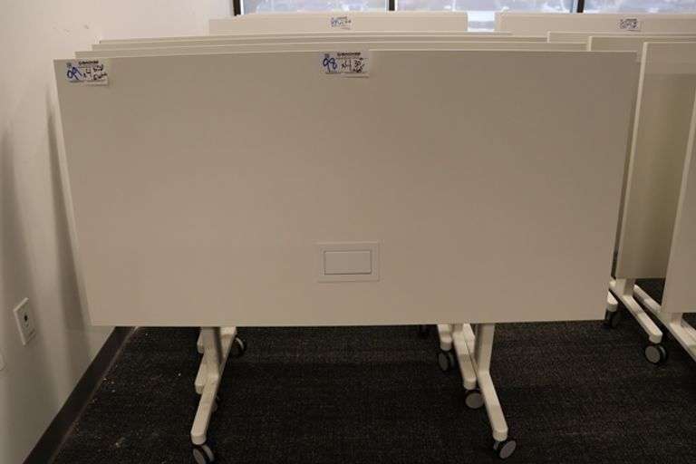 Times 4 - Senator Array 30" x 60" portable white laminate flip top tables with electrical plug ins - 1 power cord runs 4 stations in series