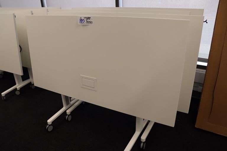 Times 4 - Senator Array 30" x 60" portable white laminate flip top tables with electrical plug ins - 1 power cord runs 4 stations in series