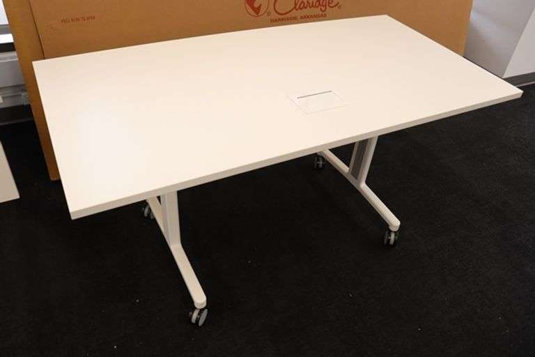 Times 4 - Senator Array 30" x 60" portable white laminate flip top tables with electrical plug ins - 1 power cord runs 4 stations in series