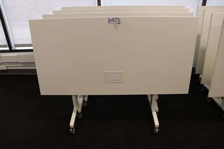 Times 4 - Senator Array 30" x 60" portable white laminate flip top tables with electrical plug ins - 1 power cord runs 4 stations in series
