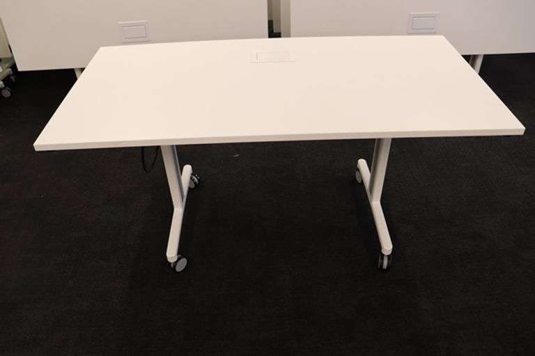 Times 4 - Senator Array 30" x 60" portable white laminate flip top tables with electrical plug ins - 1 power cord runs 4 stations in series