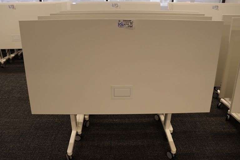 Times 4 - Senator Array 30" x 60" portable white laminate flip top tables with electrical plug ins - 1 power cord runs 4 stations in series